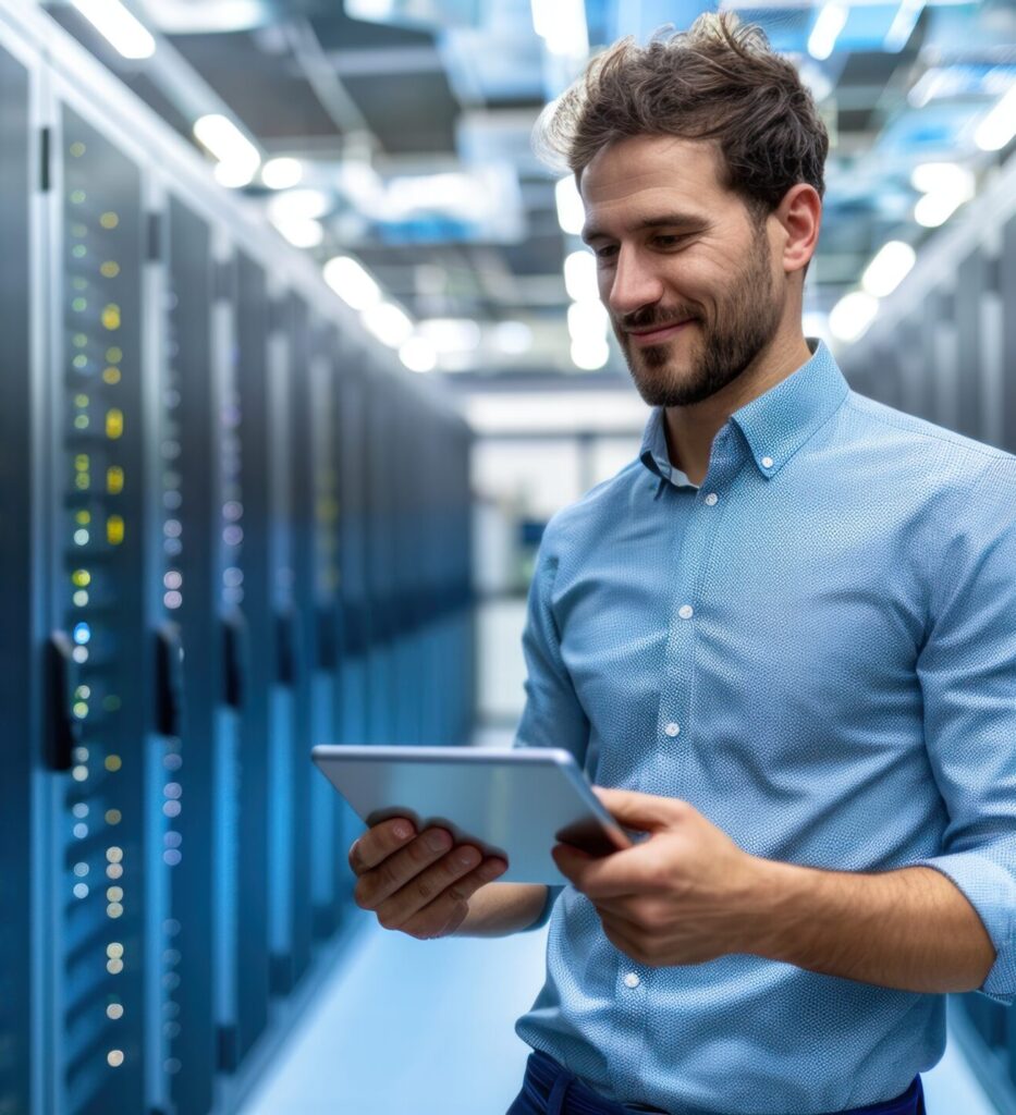 Ein Mann im blauen Hemd hält in einem Serverraum ein Tablet und strahlt technische Präzision und Professionalität aus.