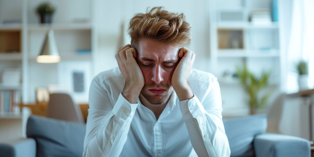 Gestresster blonder Mann sitzt auf der Couch, das Gesicht in den Händen, die Augen geschlossen, scheinbar besorgt, einen unqualifizierten Bewerber abzulehnen.